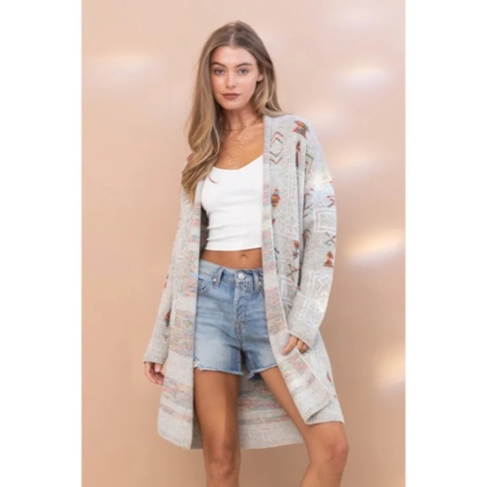 SOLD OUT Gray Colorful Aztec Tribal Western Marled Open Knit Cardigan Long - Picture 2 of 9